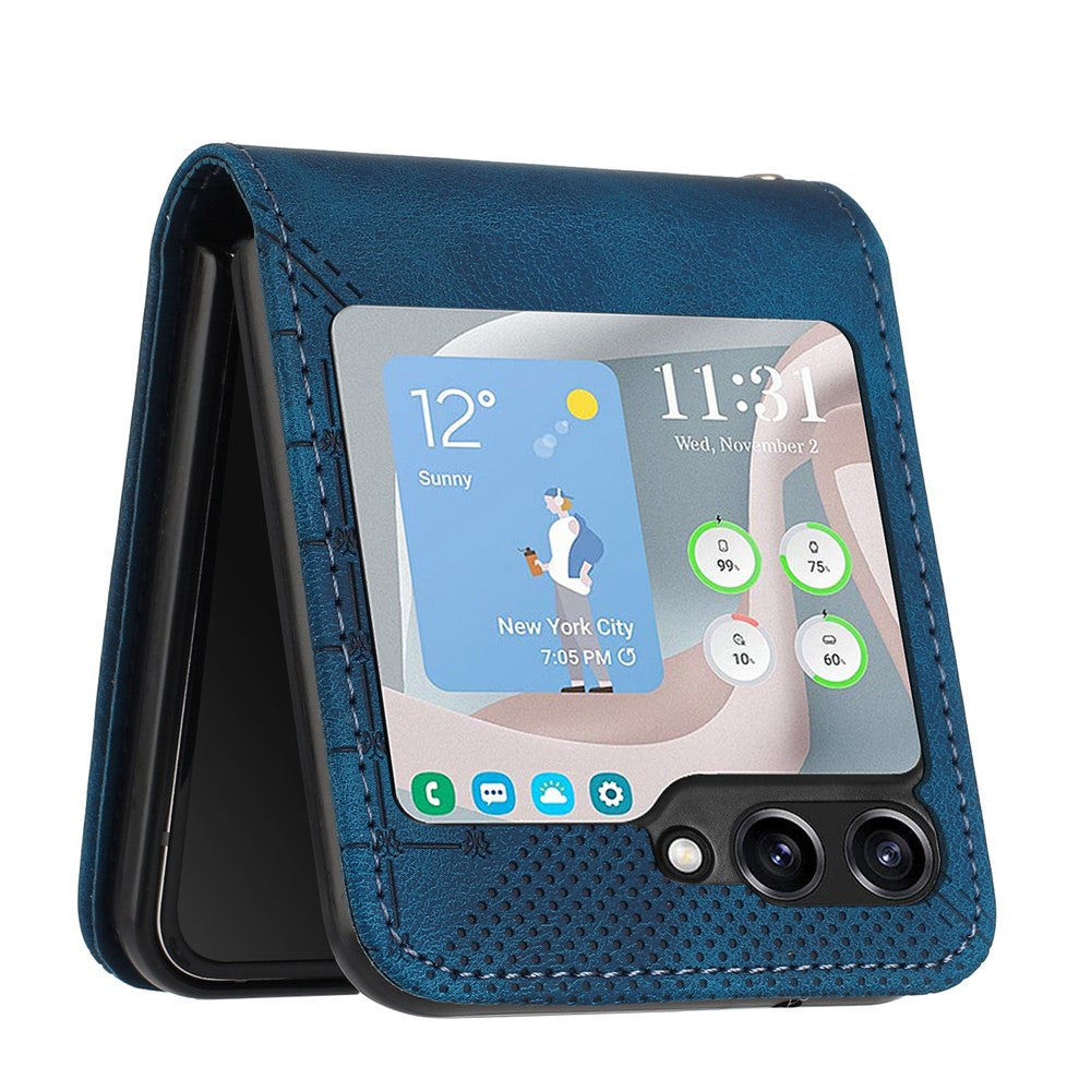 For Samsung Galaxy Z Flip7 FE 5G / Z Flip6 5G Leather Wallet Case Butterfly Flower Imprinted Phone Cover with Strap - Sapphire