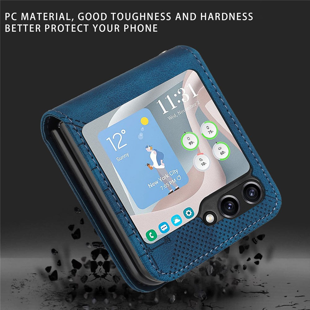 For Samsung Galaxy Z Flip7 FE 5G / Z Flip6 5G Leather Wallet Case Butterfly Flower Imprinted Phone Cover with Strap - Sapphire