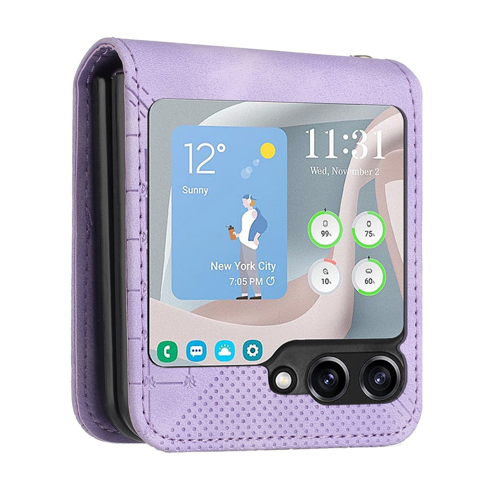 For Samsung Galaxy Z Flip7 FE 5G / Z Flip6 5G Leather Wallet Case Butterfly Flower Imprinted Phone Cover with Strap - Light Purple