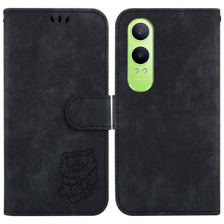For OnePlus Nord CE4 Lite 5G Wallet Case Tiger Imprint Leather Shockproof Phone Cover - Black