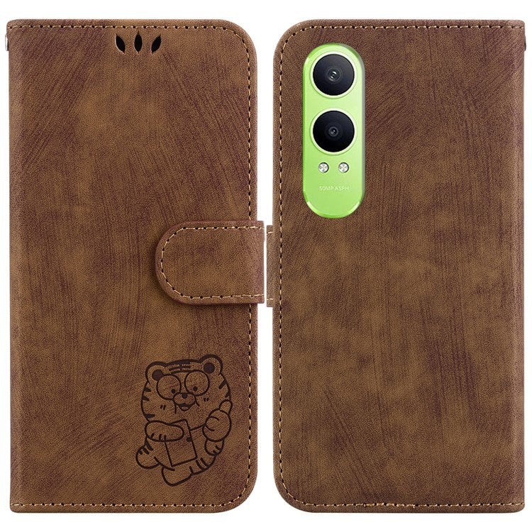 For OnePlus Nord CE4 Lite 5G Wallet Case Tiger Imprint Leather Shockproof Phone Cover - Brown