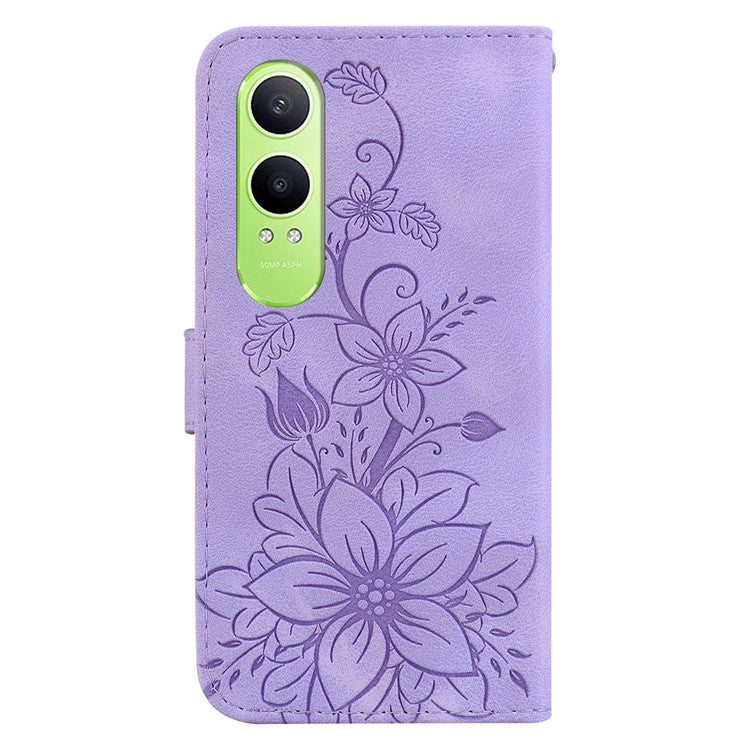 For OnePlus Nord CE4 Lite 5G Case Lily Flower Imprint Leather Phone Cover with Stand - Purple