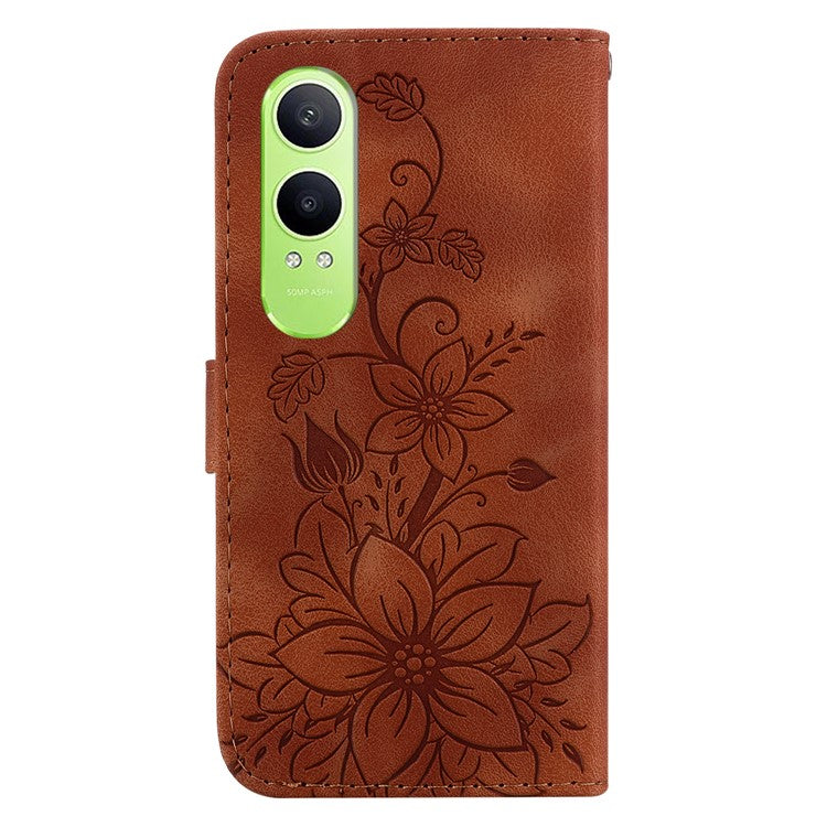 For OnePlus Nord CE4 Lite 5G Case Lily Flower Imprint Leather Phone Cover with Stand - Brown