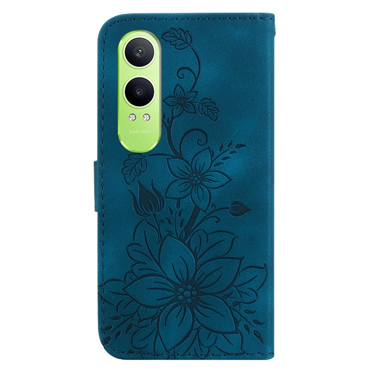 For OnePlus Nord CE4 Lite 5G Case Lily Flower Imprint Leather Phone Cover with Stand - Dark Blue