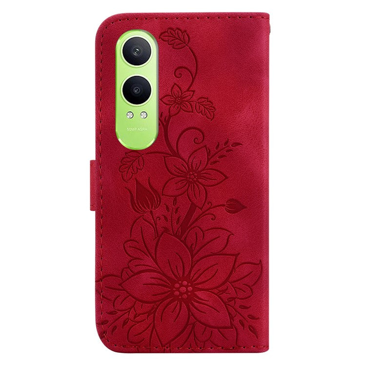For OnePlus Nord CE4 Lite 5G Case Lily Flower Imprint Leather Phone Cover with Stand - Red