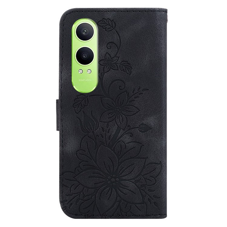 For OnePlus Nord CE4 Lite 5G Case Lily Flower Imprint Leather Phone Cover with Stand - Black