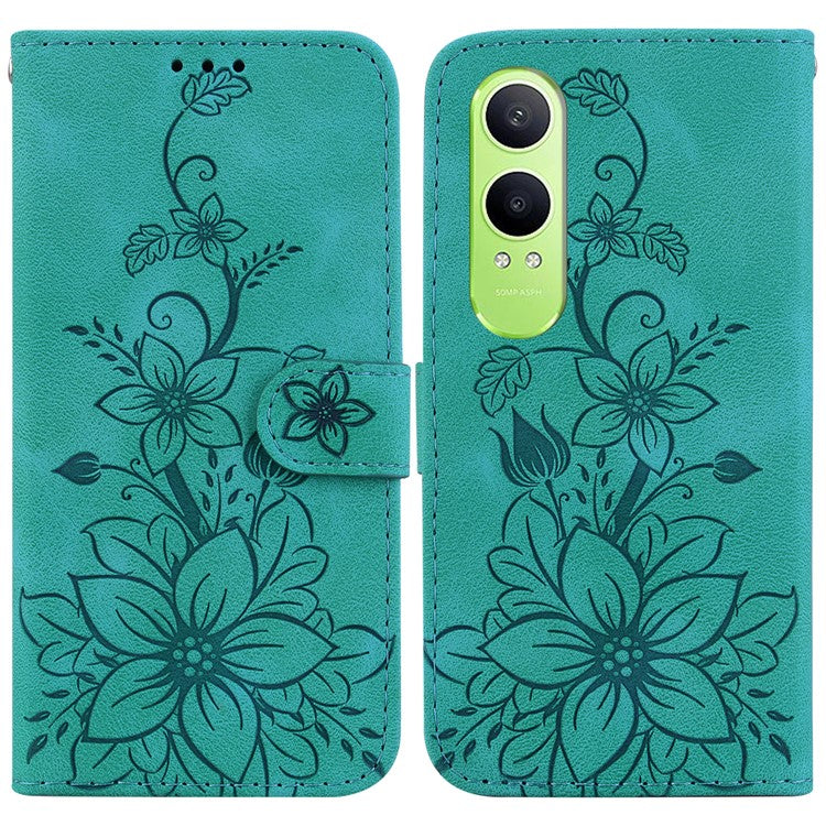 For OnePlus Nord CE4 Lite 5G Case Lily Flower Imprint Leather Phone Cover with Stand - Green