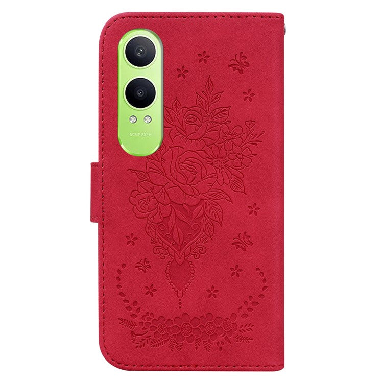 For OnePlus Nord CE4 Lite 5G Case PU Leather Wallet Phone Cover Butterfly Flower Imprint - Red