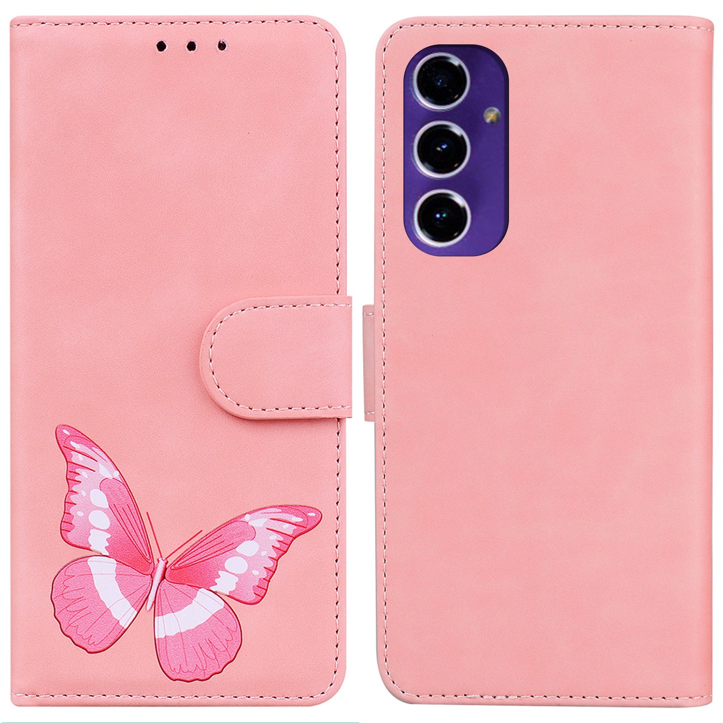 For Samsung Galaxy A16 5G / A16 4G Stand Case PU Leather Phone Cover Butterfly Printed - Pink