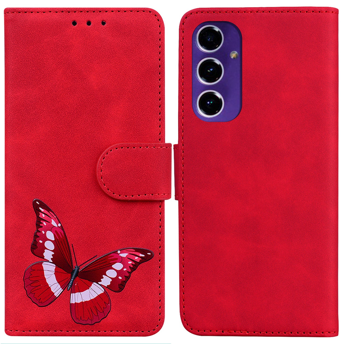 For Samsung Galaxy A16 5G / A16 4G Stand Case PU Leather Phone Cover Butterfly Printed - Red