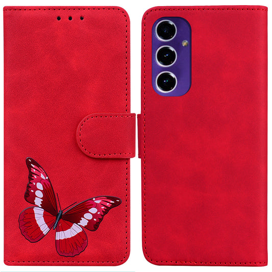 For Samsung Galaxy A16 5G / A16 4G Stand Case PU Leather Phone Cover Butterfly Printed - Red