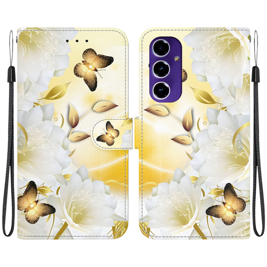 For Samsung Galaxy A16 5G / A16 4G Wallet Phone Case Anti-Drop Leather Flip Cover Pattern Printing - Gold Butterfly Flower