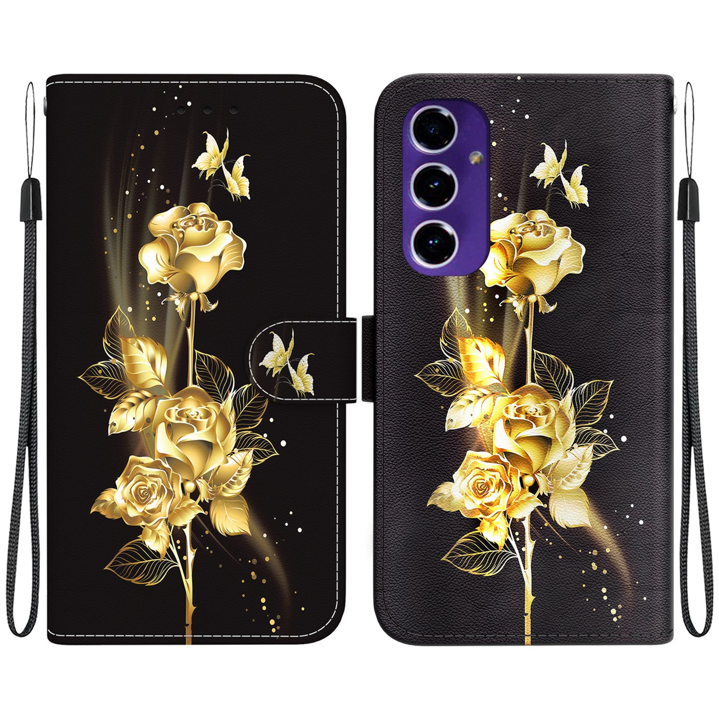 For Samsung Galaxy A16 5G / A16 4G Wallet Phone Case Anti-Drop Leather Flip Cover Pattern Printing - Gold Butterfly Rose