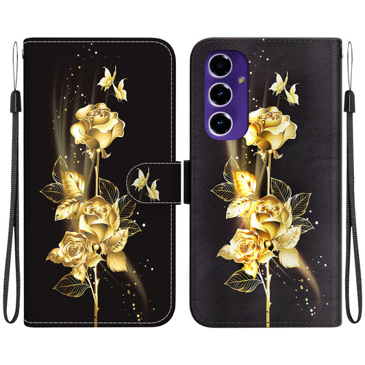 For Samsung Galaxy A16 5G / A16 4G Wallet Phone Case Anti-Drop Leather Flip Cover Pattern Printing - Gold Butterfly Rose