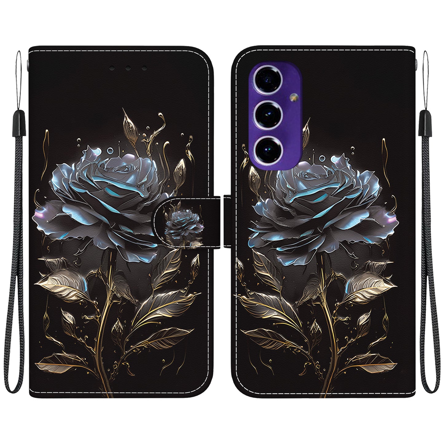 For Samsung Galaxy A16 5G / A16 4G Wallet Phone Case Anti-Drop Leather Flip Cover Pattern Printing - Black Rose