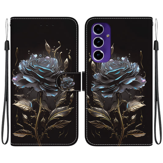 For Samsung Galaxy A16 5G / A16 4G Wallet Phone Case Anti-Drop Leather Flip Cover Pattern Printing - Black Rose
