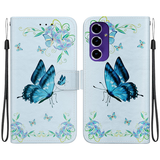 For Samsung Galaxy A16 5G / A16 4G Wallet Phone Case Anti-Drop Leather Flip Cover Pattern Printing - Blue Butterfly Flower