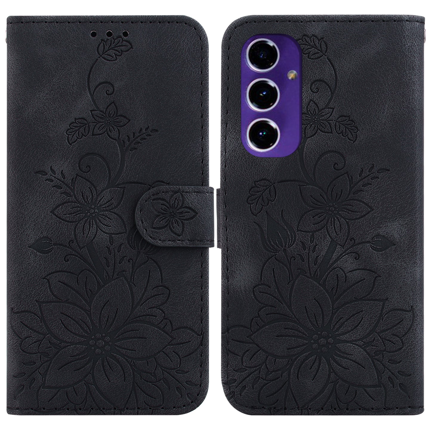 For Samsung Galaxy A16 5G / A16 4G Case Lily Flower Imprint Leather Phone Cover with Stand - Black