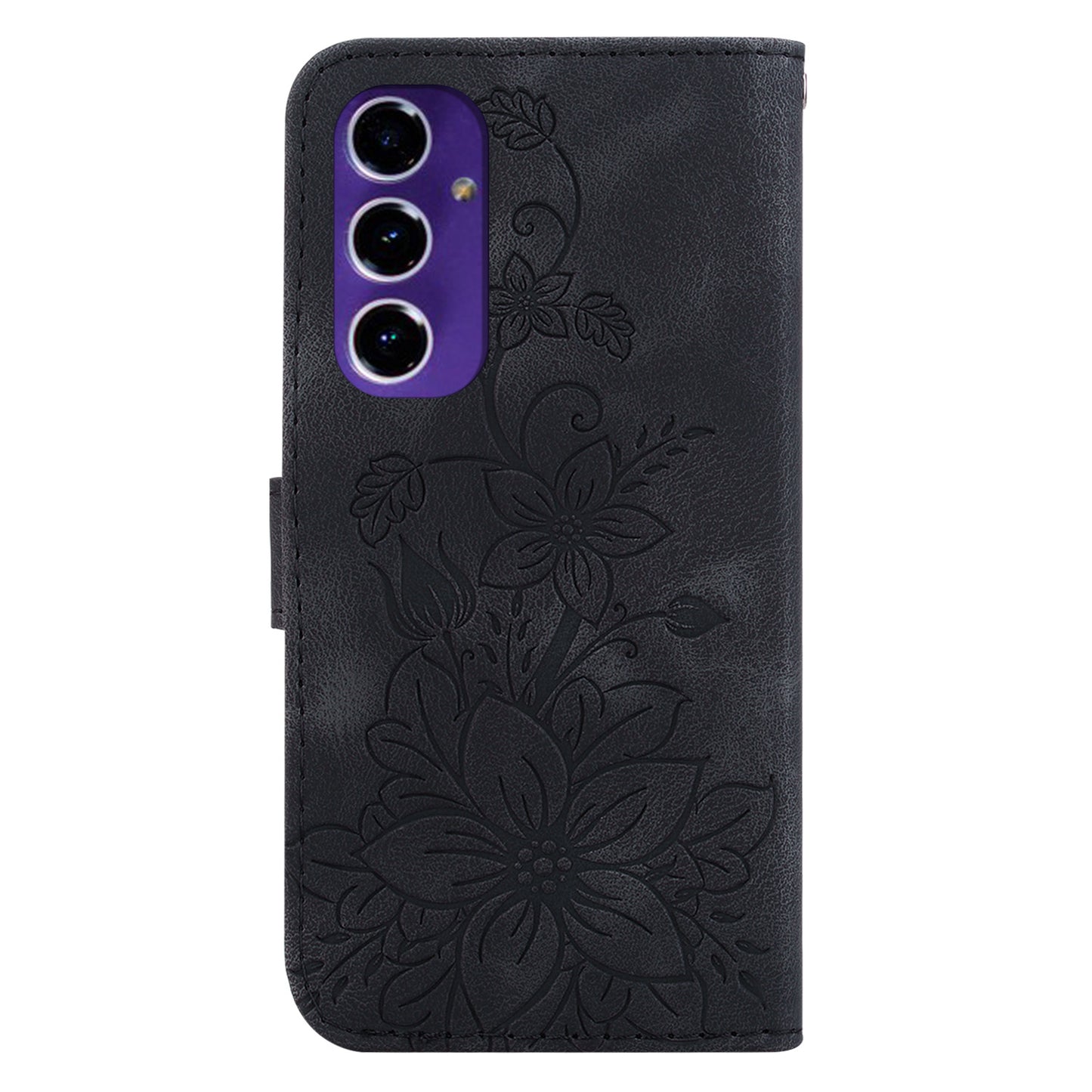 For Samsung Galaxy A16 5G / A16 4G Case Lily Flower Imprint Leather Phone Cover with Stand - Black