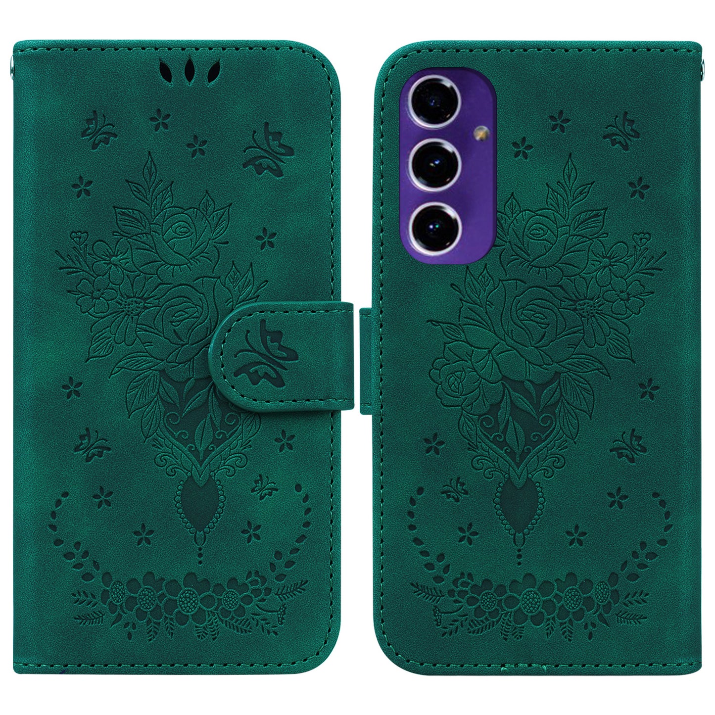 For Samsung Galaxy A16 5G / A16 4G Case PU Leather Wallet Phone Cover Butterfly Flower Imprint - Green