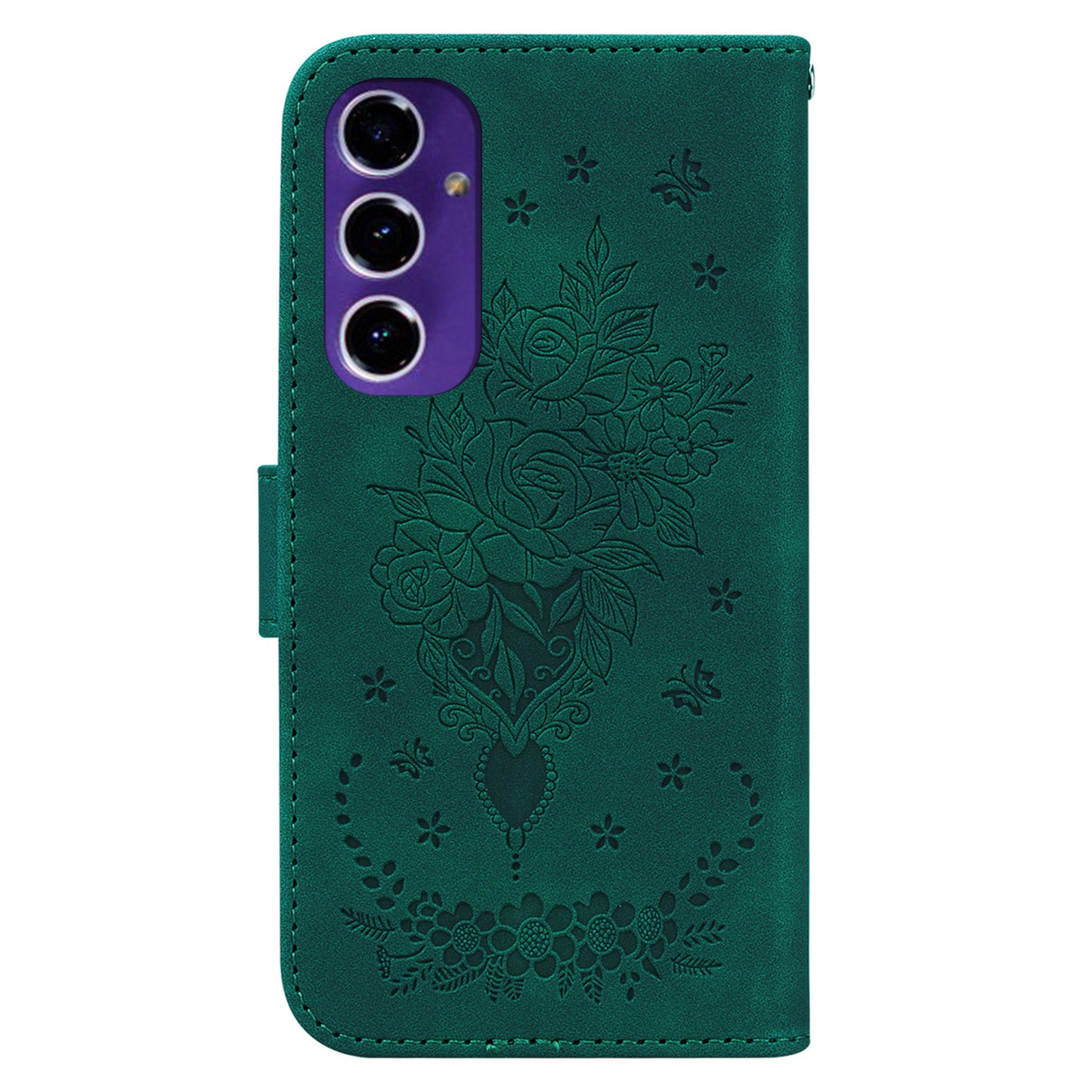 For Samsung Galaxy A16 5G / A16 4G Case PU Leather Wallet Phone Cover Butterfly Flower Imprint - Green