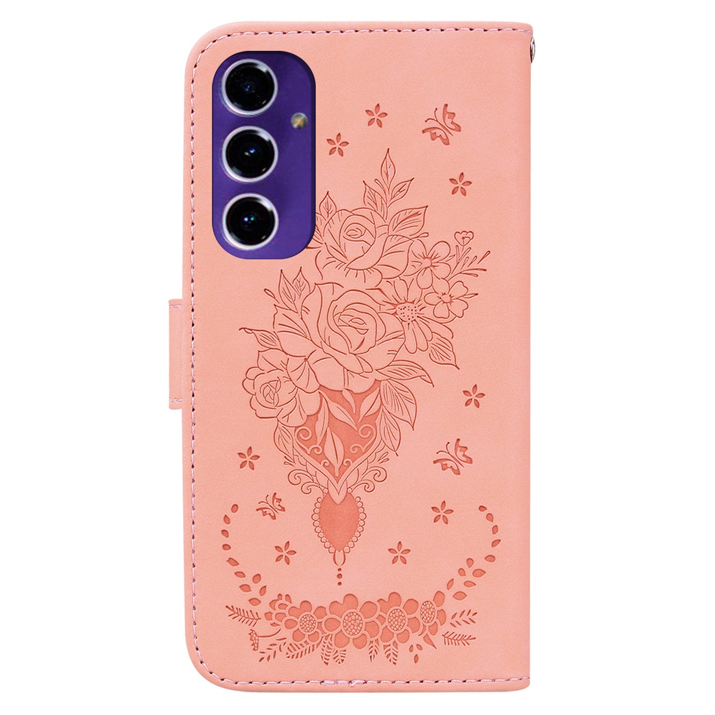 For Samsung Galaxy A16 5G / A16 4G Case PU Leather Wallet Phone Cover Butterfly Flower Imprint - Pink