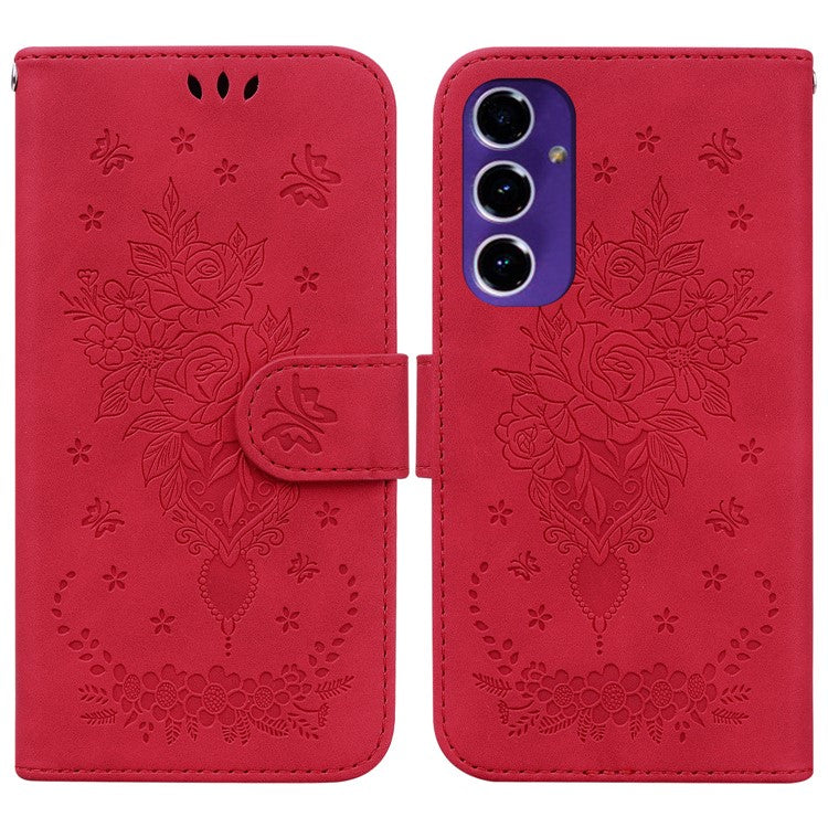 For Samsung Galaxy A16 5G Case PU Leather Wallet Phone Cover Butterfly Flower Imprint - Red