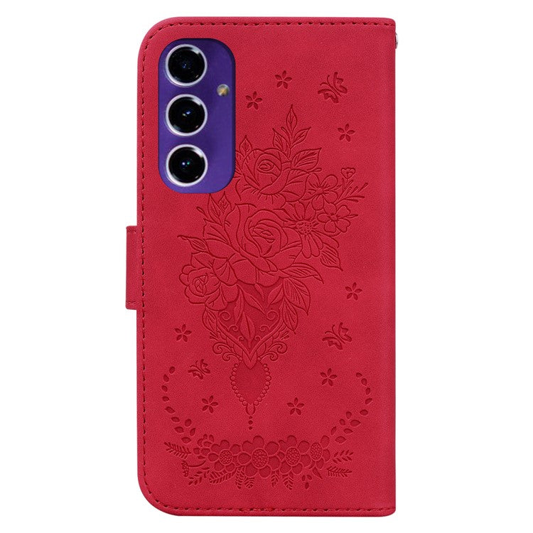 For Samsung Galaxy A16 5G Case PU Leather Wallet Phone Cover Butterfly Flower Imprint - Red