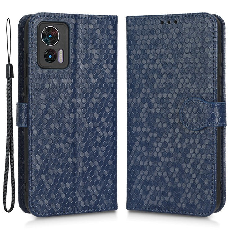 For Motorola Edge 30 Neo 5G / Edge 30 Lite 5G Foldable Stand Wallet Case Dot Pattern Imprinted TPU+PU Leather Flip Phone Shell - Dark Blue