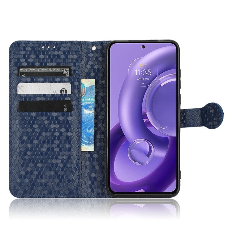 For Motorola Edge 30 Neo 5G / Edge 30 Lite 5G Foldable Stand Wallet Case Dot Pattern Imprinted TPU+PU Leather Flip Phone Shell - Dark Blue