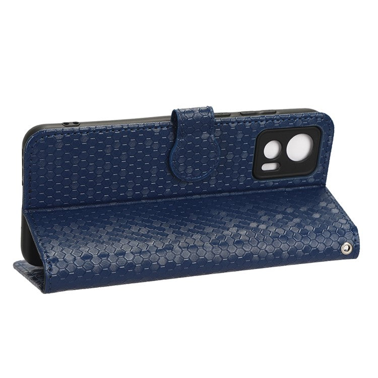 For Motorola Edge 30 Neo 5G / Edge 30 Lite 5G Foldable Stand Wallet Case Dot Pattern Imprinted TPU+PU Leather Flip Phone Shell - Dark Blue