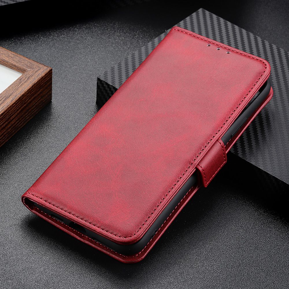 For Samsung Galaxy A06 Case Stand Cowhide Texture PU Leather Phone Cover - Red