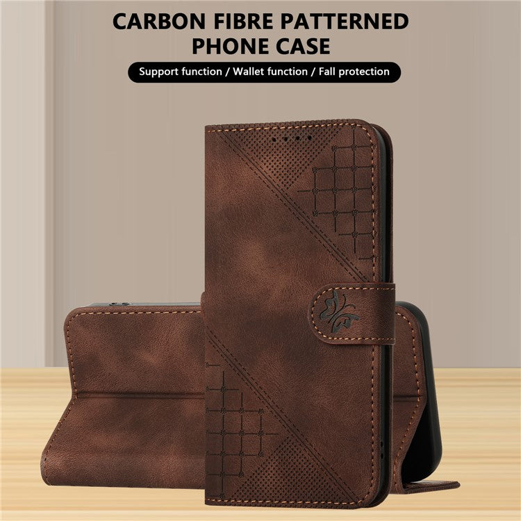 For Samsung Galaxy F55 5G / C55 5G / M55 5G Leather Wallet Case Butterfly Flower Imprinted Phone Cover with Strap - Brown