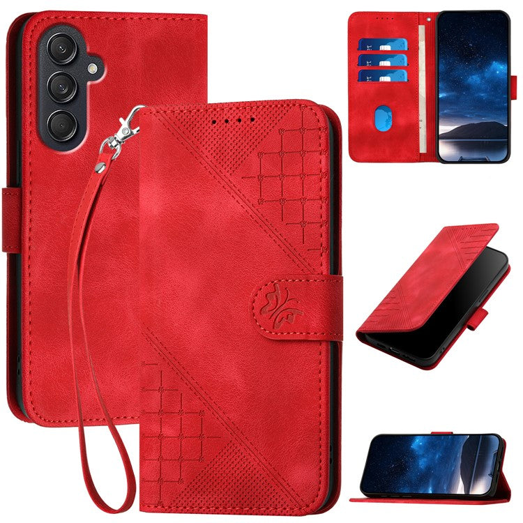 For Samsung Galaxy F55 5G / C55 5G / M55 5G Leather Wallet Case Butterfly Flower Imprinted Phone Cover with Strap - Red