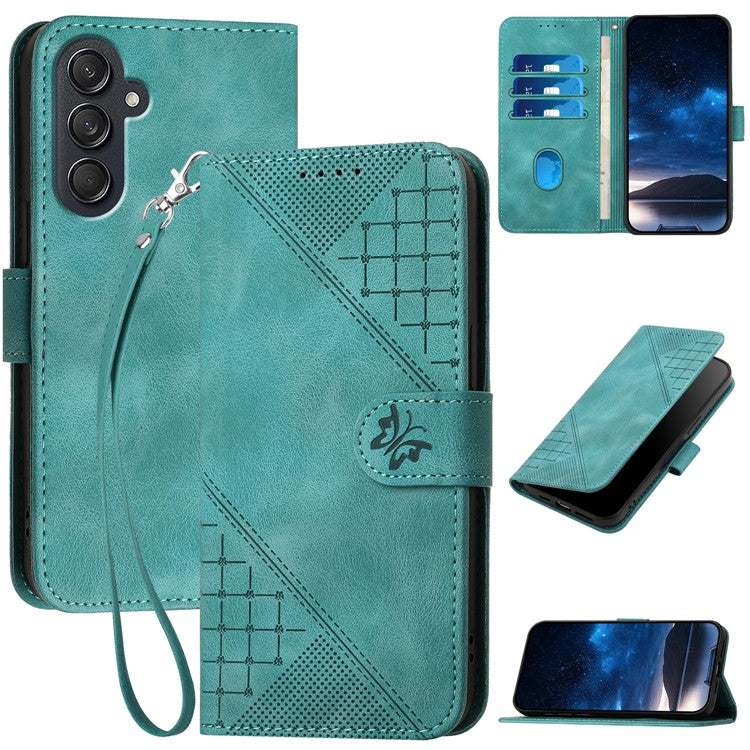 For Samsung Galaxy F55 5G / C55 5G / M55 5G Leather Wallet Case Butterfly Flower Imprinted Phone Cover with Strap - Baby Blue