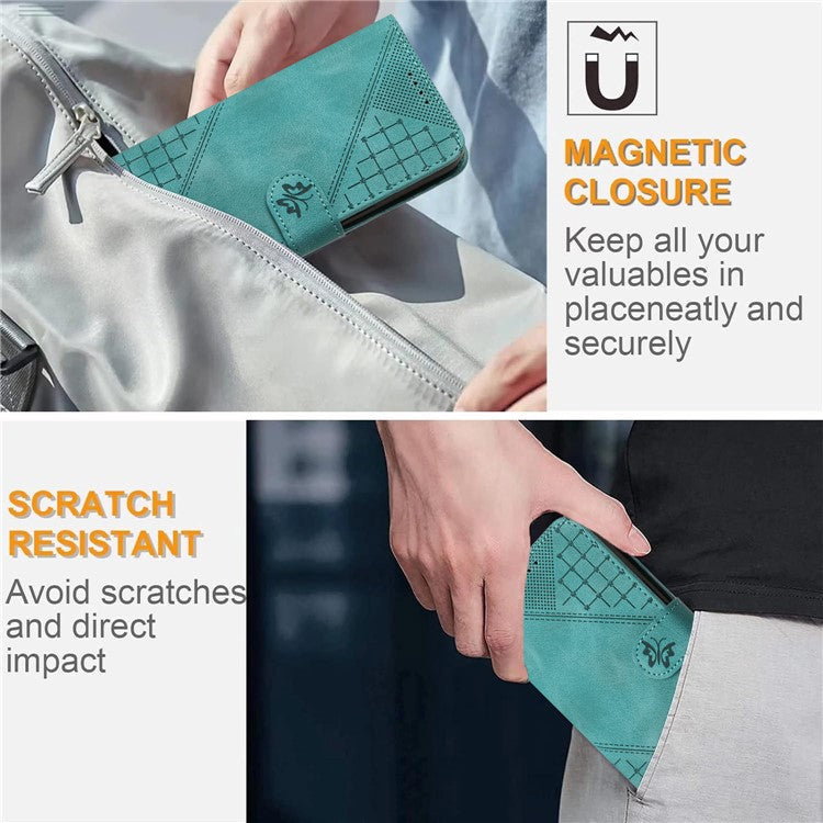 For Samsung Galaxy F55 5G / C55 5G / M55 5G Leather Wallet Case Butterfly Flower Imprinted Phone Cover with Strap - Baby Blue