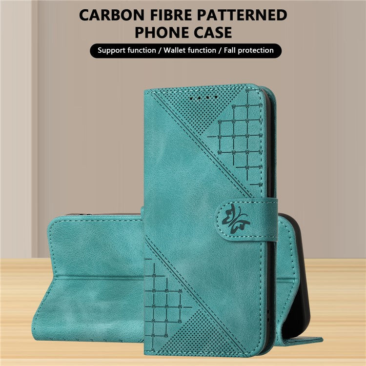 For Samsung Galaxy F55 5G / C55 5G / M55 5G Leather Wallet Case Butterfly Flower Imprinted Phone Cover with Strap - Baby Blue