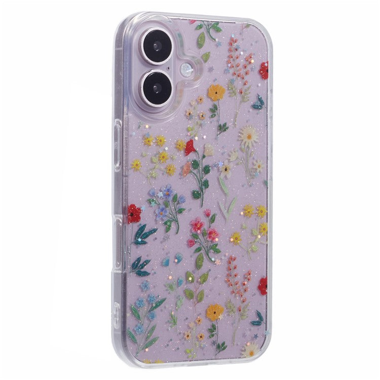 For iPhone 16 Case Glitter Flower Epoxy Shockproof Phone Cover - Style C