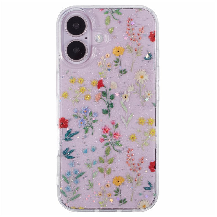 For iPhone 16 Case Glitter Flower Epoxy Shockproof Phone Cover - Style C