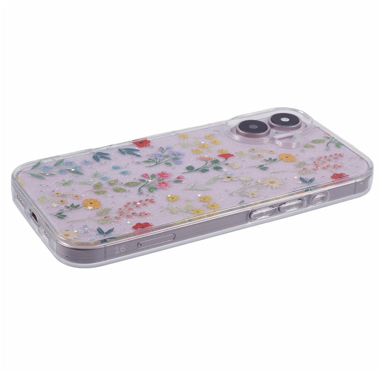 For iPhone 16 Case Glitter Flower Epoxy Shockproof Phone Cover - Style C