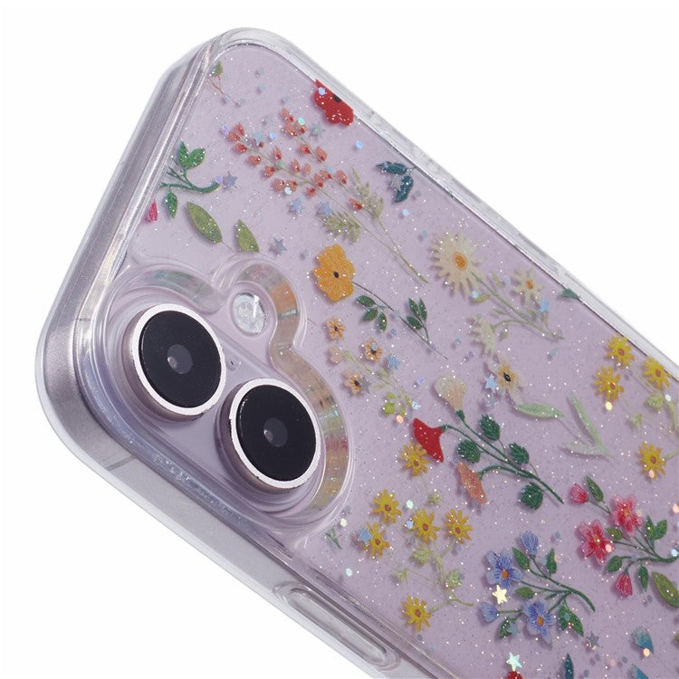 For iPhone 16 Case Glitter Flower Epoxy Shockproof Phone Cover - Style C