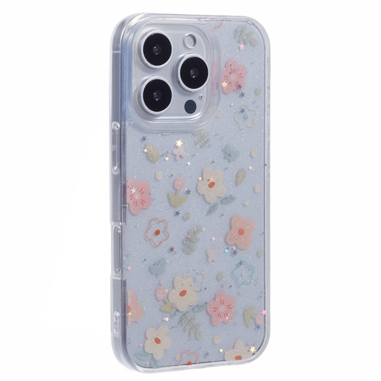 For iPhone 16 Pro Case Glitter Flower Epoxy Shockproof Phone Cover - Style B