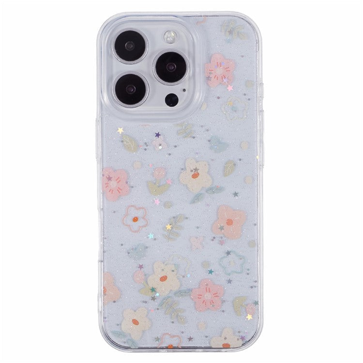 For iPhone 16 Pro Case Glitter Flower Epoxy Shockproof Phone Cover - Style B