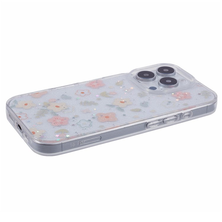 For iPhone 16 Pro Case Glitter Flower Epoxy Shockproof Phone Cover - Style B