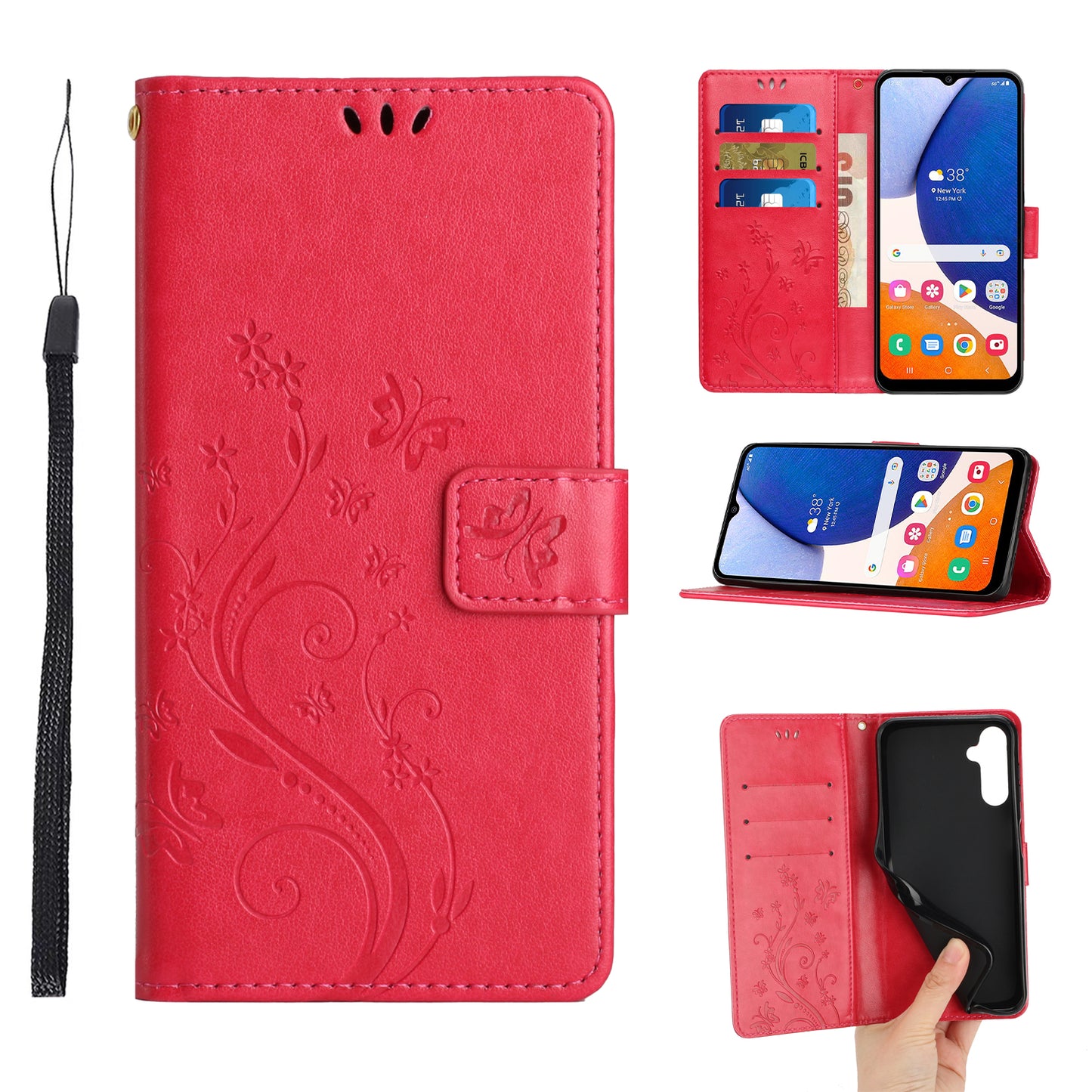 For Samsung Galaxy A16 5G / A16 4G Case PU Leather Phone Wallet Cover with Strap - Red