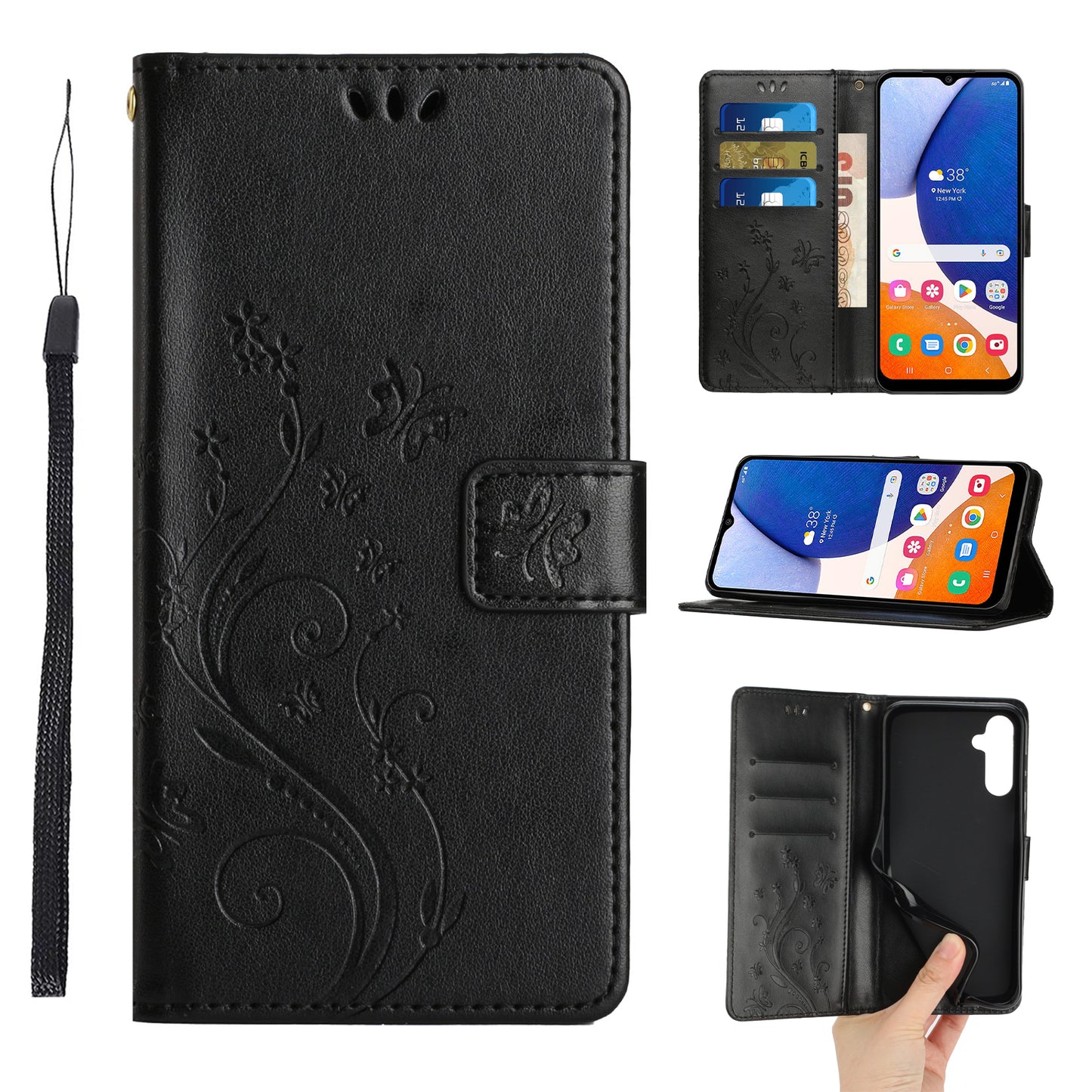 For Samsung Galaxy A16 5G / A16 4G Case PU Leather Phone Wallet Cover with Strap - Black