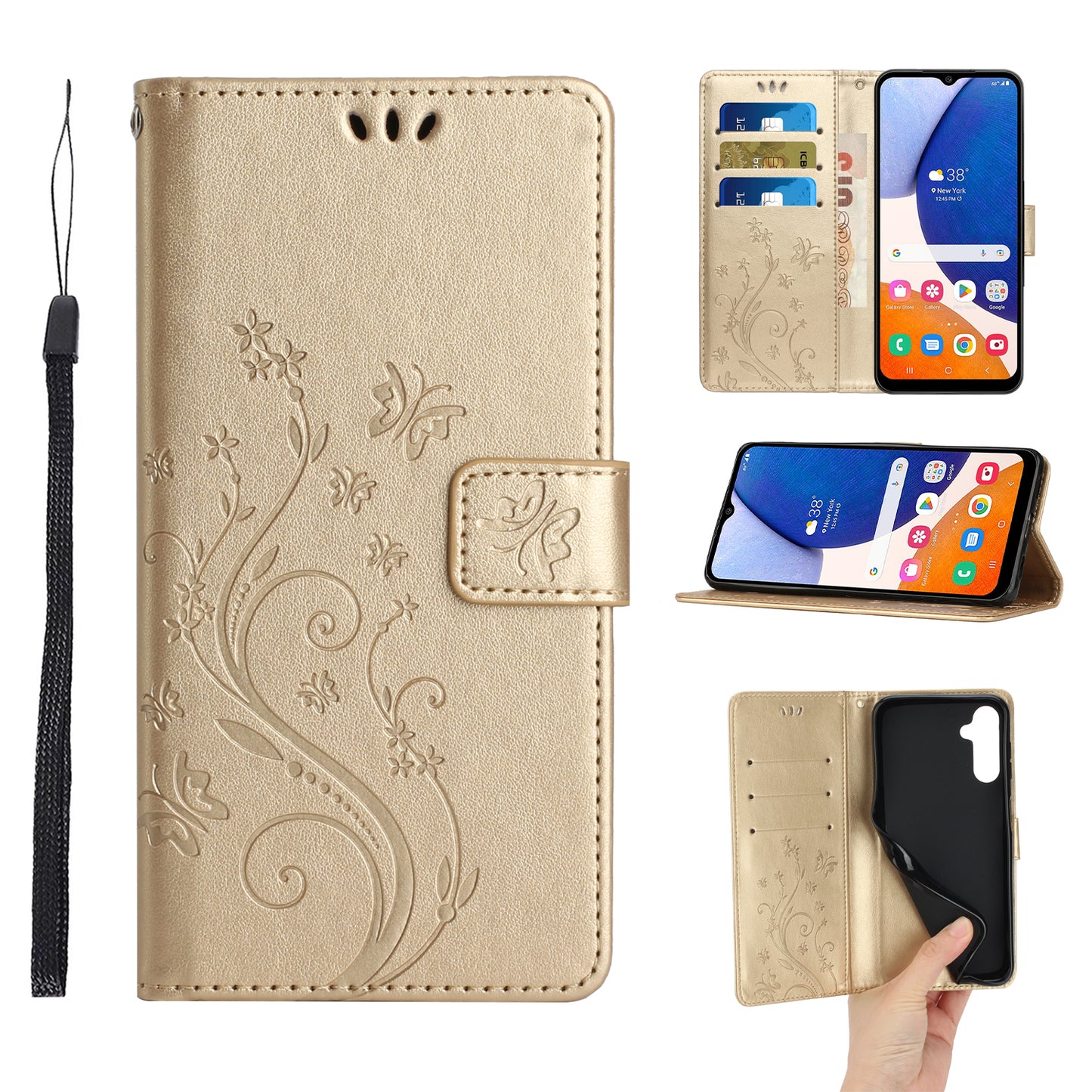 For Samsung Galaxy A16 5G / A16 4G Case PU Leather Phone Wallet Cover with Strap - Gold