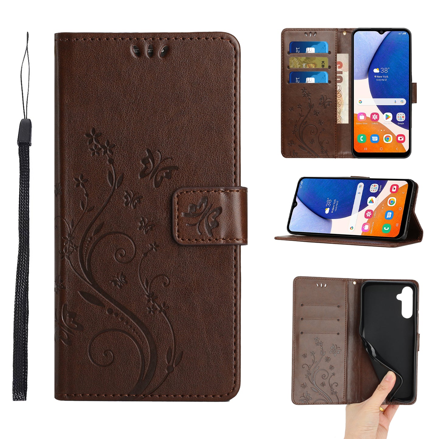 For Samsung Galaxy A16 5G / A16 4G Case PU Leather Phone Wallet Cover with Strap - Brown