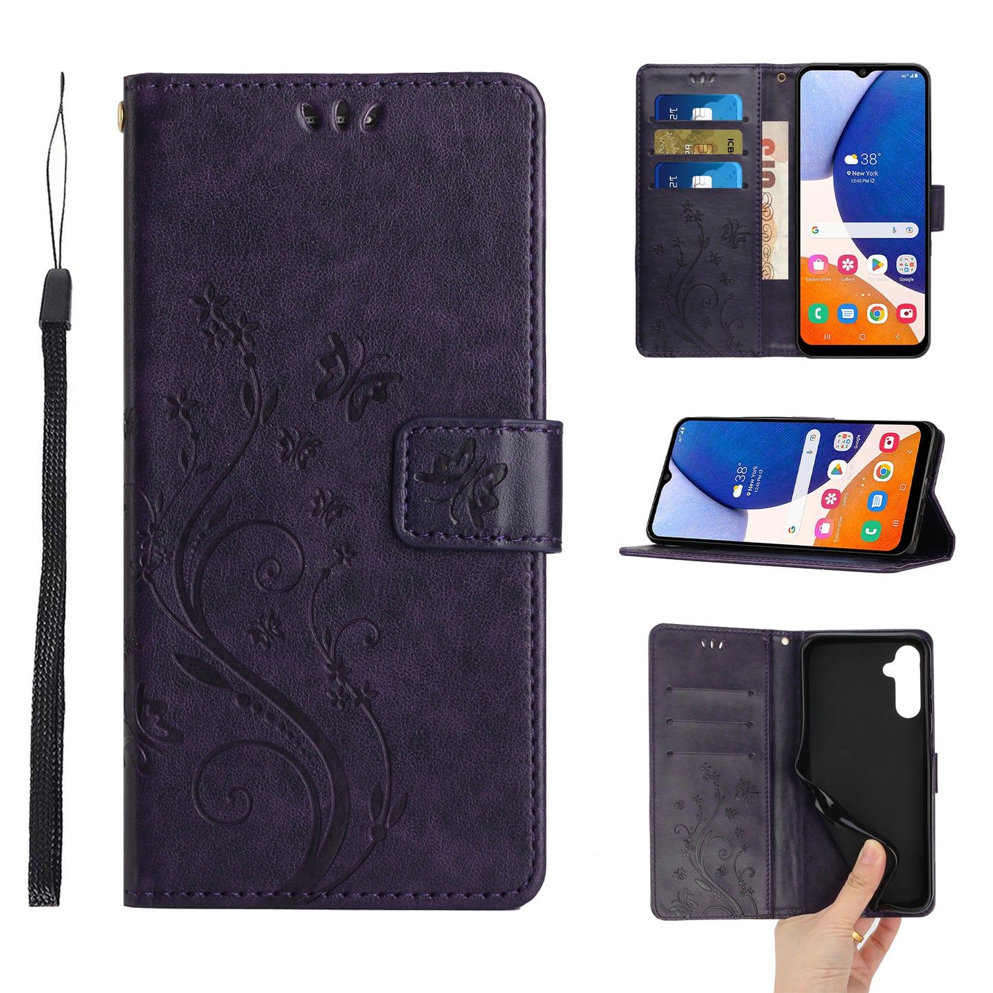 For Samsung Galaxy A16 5G / A16 4G Case PU Leather Phone Wallet Cover with Strap - Dark Purple