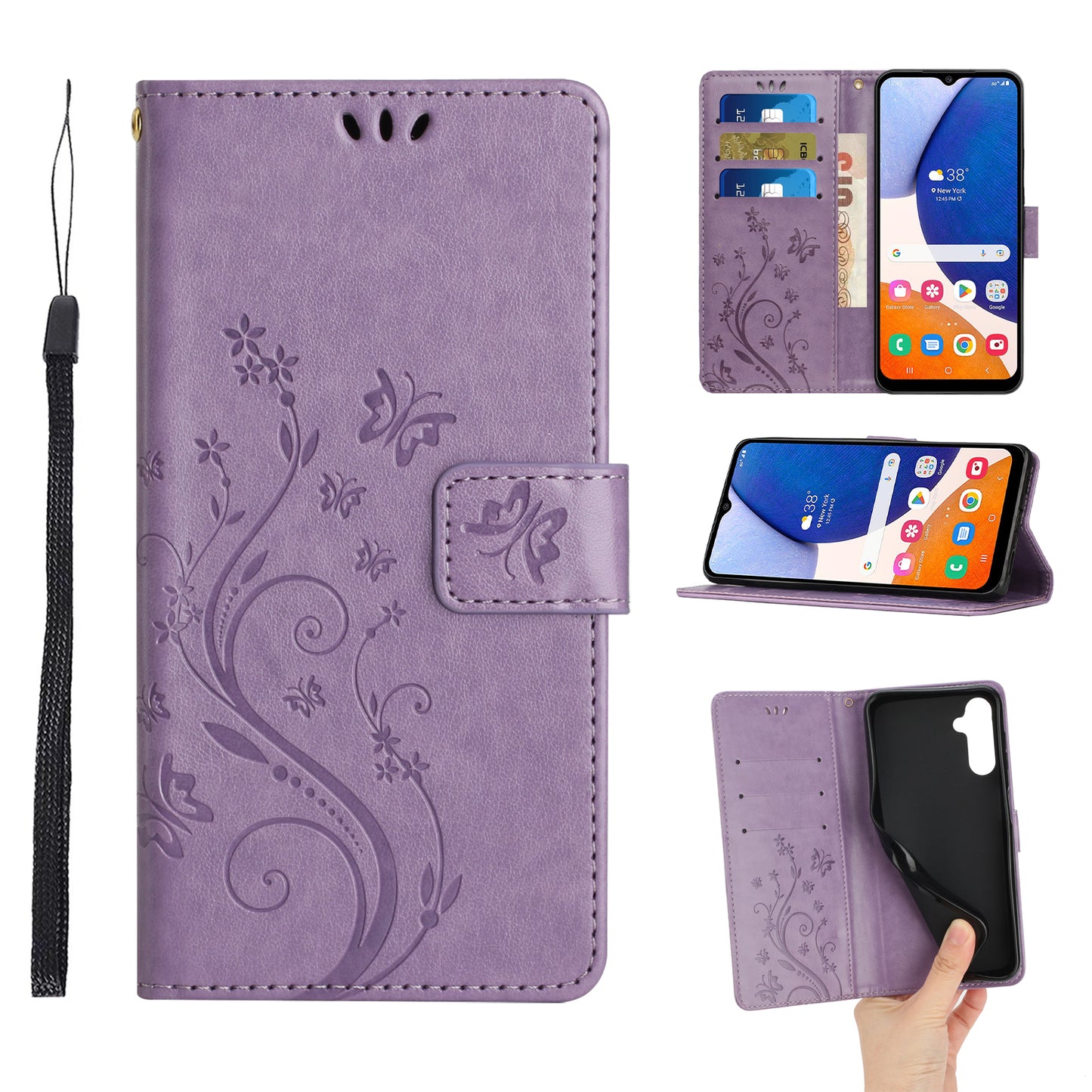 For Samsung Galaxy A16 5G / A16 4G Case PU Leather Phone Wallet Cover with Strap - Light Purple